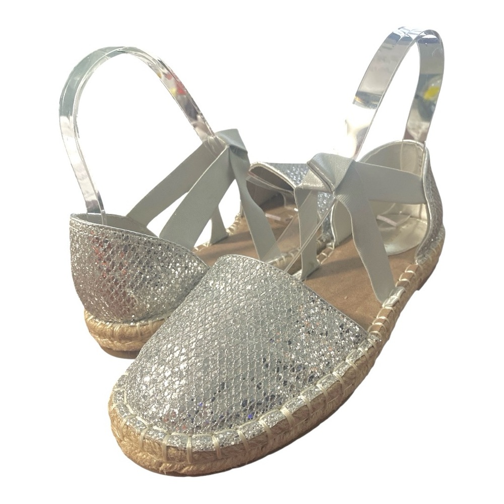 Silver Metallic Espadrille Slingback Flats Low Wedge Comfort Shoes Women 7.5 EUC